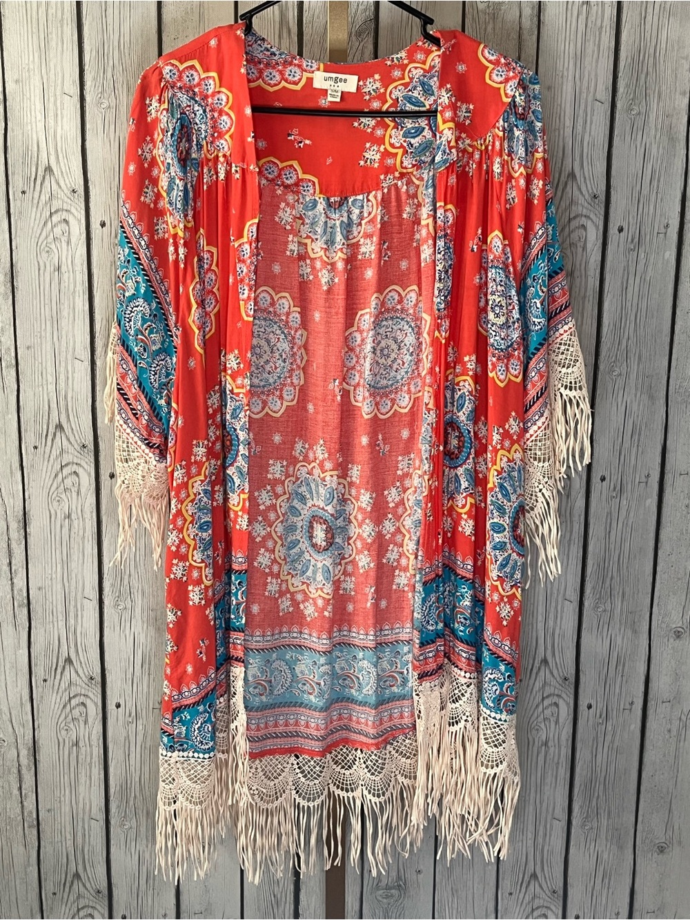 UMGEE Boho Coral Paisley Open Front Fringe Kimono Cardigan Oversized S/M